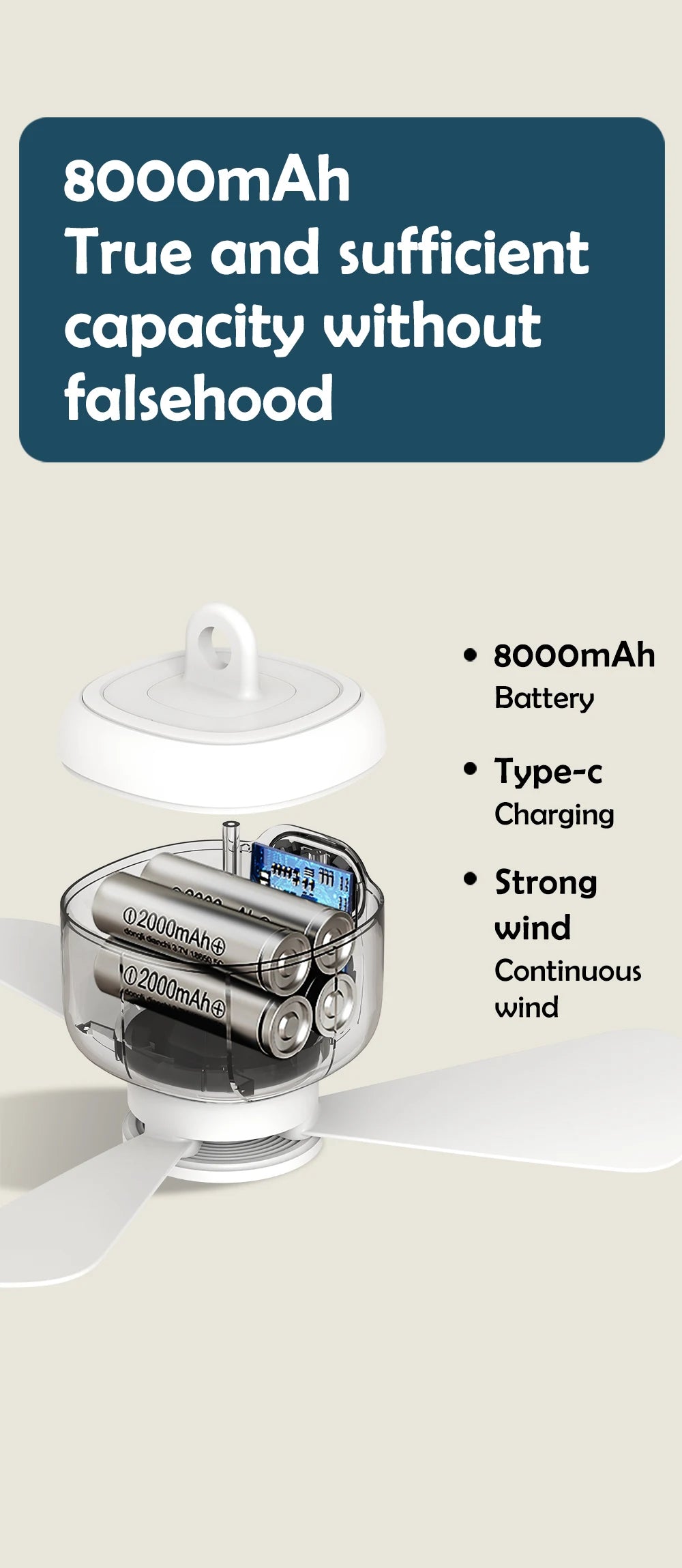 Home Ceiling Fan 3 Speed Adjustable 8000mAh Outdoor Portables Camping Fan Wireless Remote Control Ceiling Fan with Night Lights