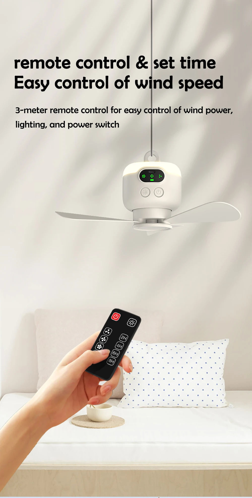 Home Ceiling Fan 3 Speed Adjustable 8000mAh Outdoor Portables Camping Fan Wireless Remote Control Ceiling Fan with Night Lights