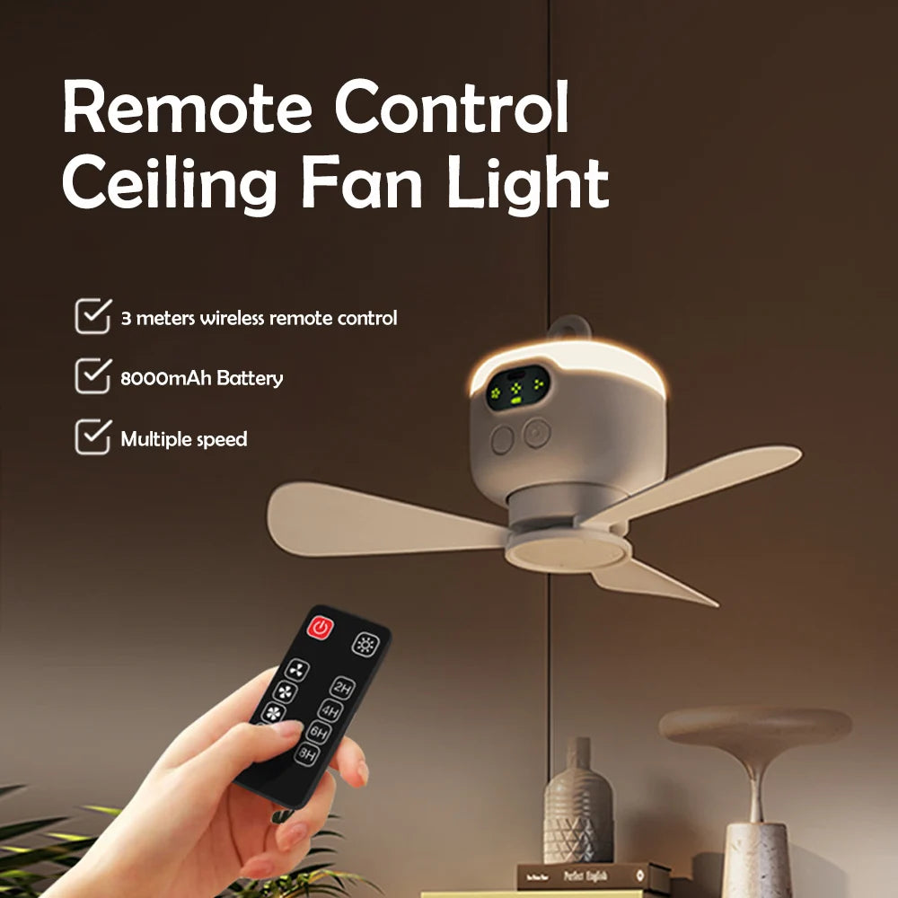 Home Ceiling Fan 3 Speed Adjustable 8000mAh Outdoor Portables Camping Fan Wireless Remote Control Ceiling Fan with Night Lights