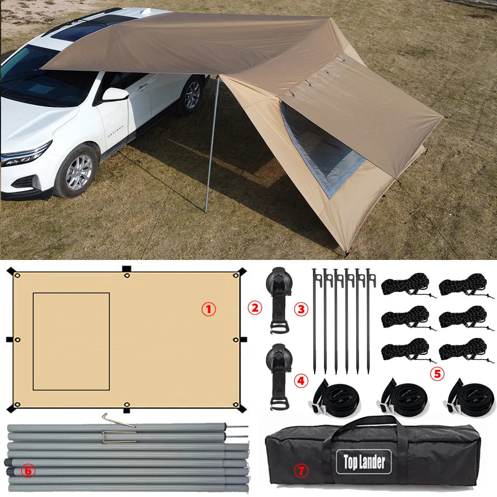 Car Tarp with Mesh Skylight Tent Camping SUV Car Awning Shelter Portable Canopy Waterproof Outdoor Shade Tourism Sun Shelter