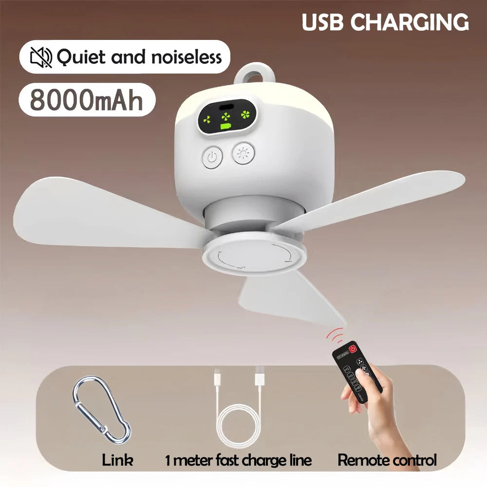 Home Ceiling Fan 3 Speed Adjustable 8000mAh Outdoor Portables Camping Fan Wireless Remote Control Ceiling Fan with Night Lights
