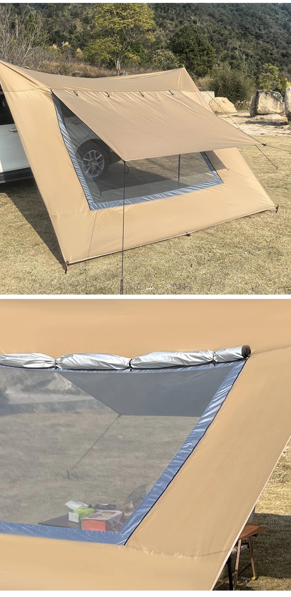 Car Tarp with Mesh Skylight Tent Camping SUV Car Awning Shelter Portable Canopy Waterproof Outdoor Shade Tourism Sun Shelter