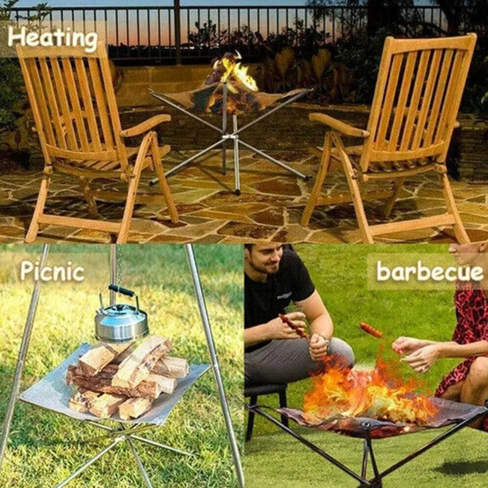 Stainless Steel Outdoor Camping Campfire Fire Rack Foldable Mesh Fire Pit Wood Stove Fire Frame Rack Garden Backyard BBQ Bonfire