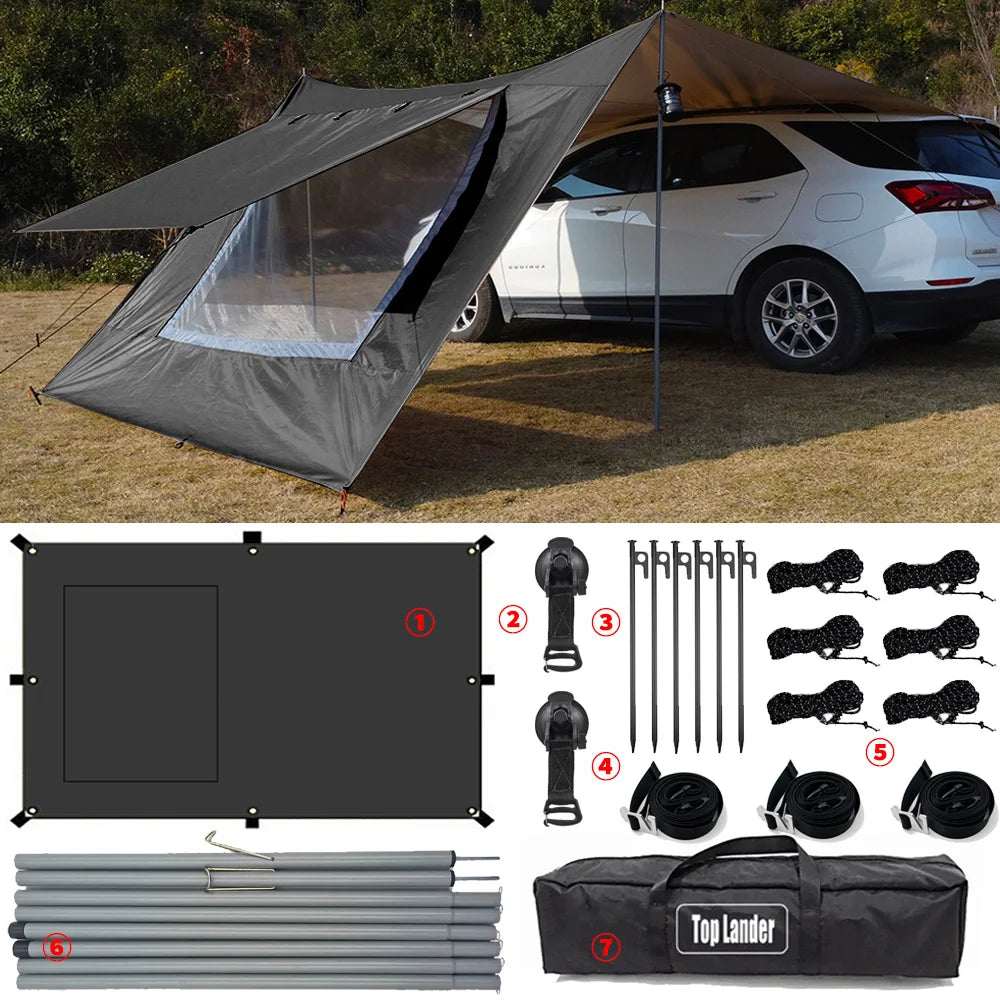Car Tarp with Mesh Skylight Tent Camping SUV Car Awning Shelter Portable Canopy Waterproof Outdoor Shade Tourism Sun Shelter