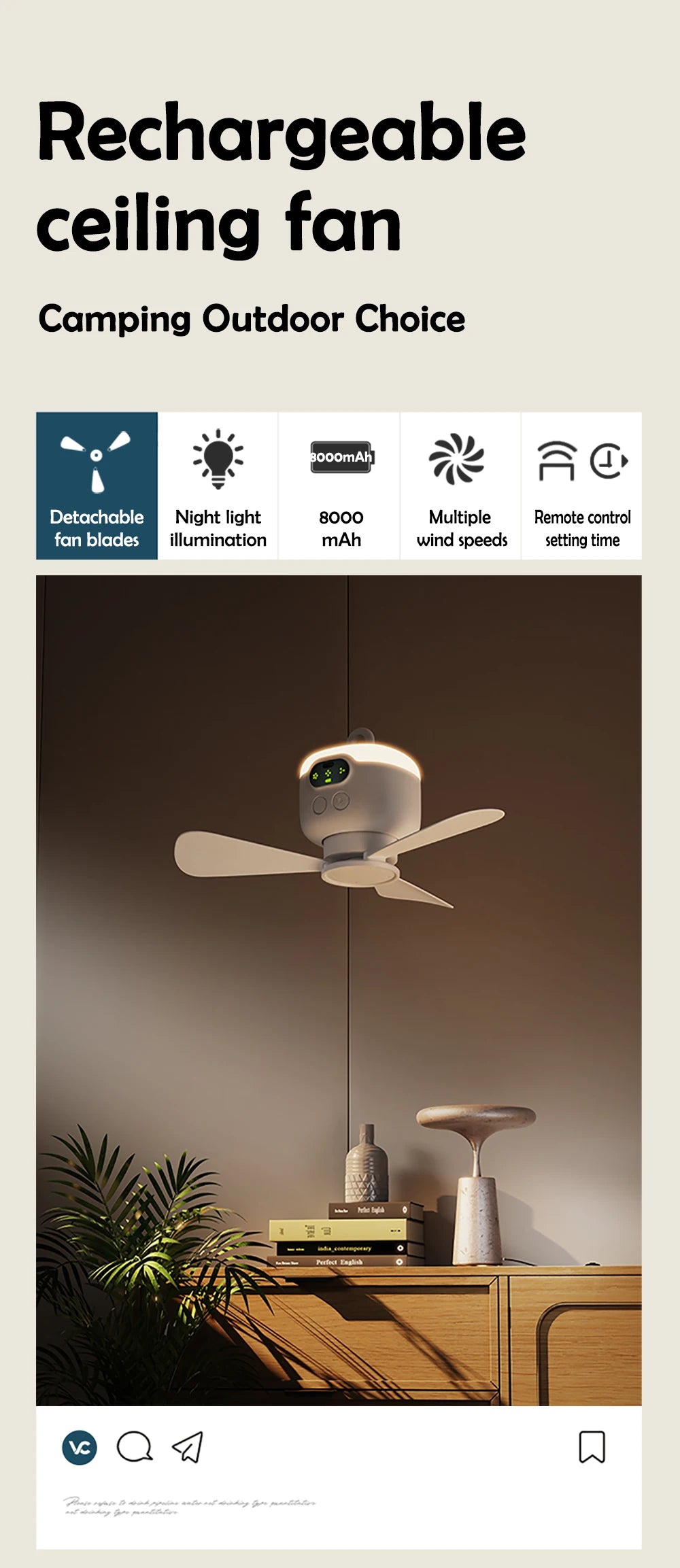 Home Ceiling Fan 3 Speed Adjustable 8000mAh Outdoor Portables Camping Fan Wireless Remote Control Ceiling Fan with Night Lights