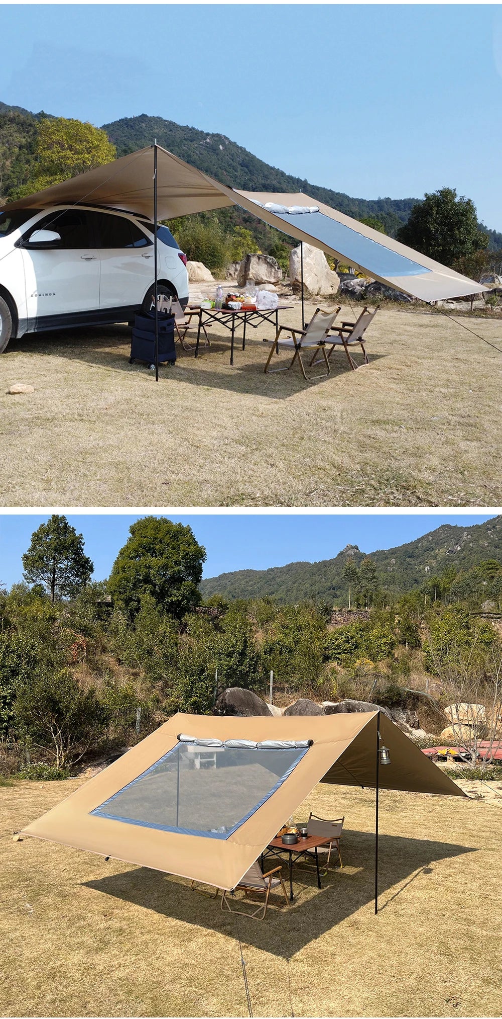 Car Tarp with Mesh Skylight Tent Camping SUV Car Awning Shelter Portable Canopy Waterproof Outdoor Shade Tourism Sun Shelter